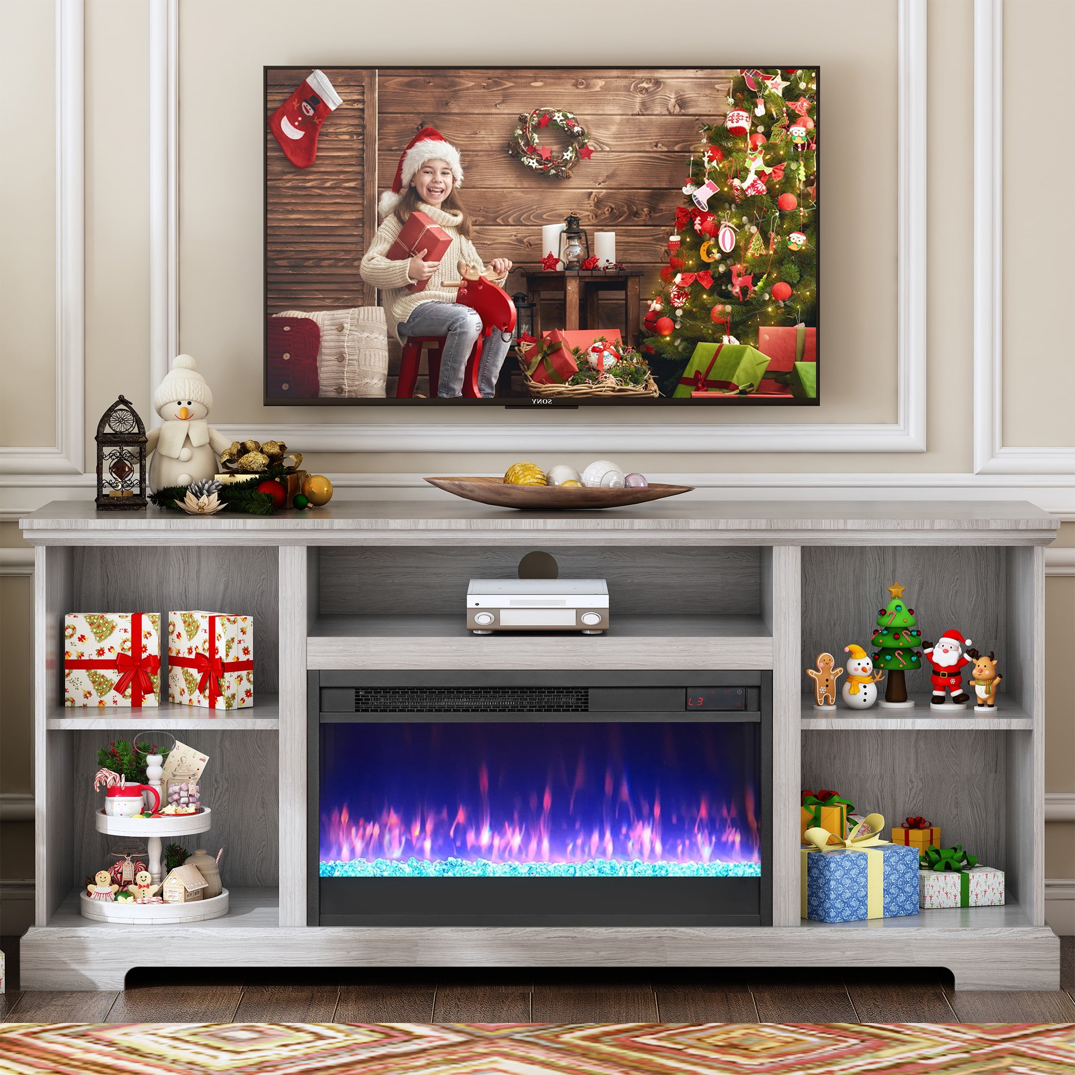 SESSLIFE Fireplace TV Stand for 65 Inch TV, Farmhouse TV Stand with Storage Shelves, Entertainment Center with 3D Flame Electric Fireplace Heater, White