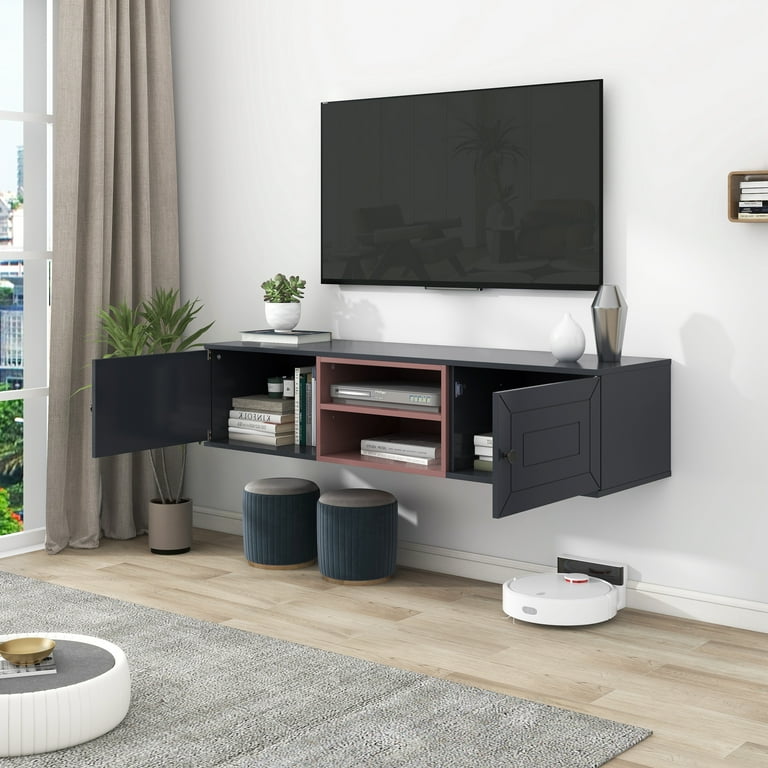 Sesslife Floating TV Stand Wall Mounted Entertainment Center with Storage Cabinets TV Stand for 65 Inch TV Gaming Entertainment Center Console