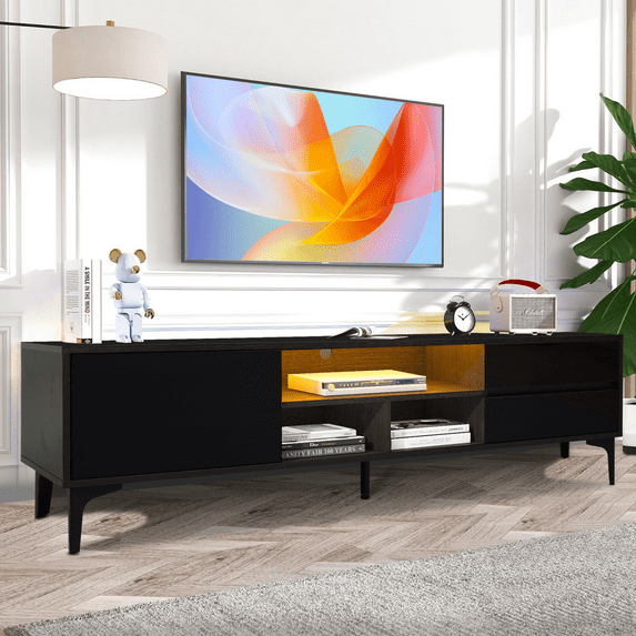 SESSLIFE 63" TV Stand with LED Lights for 70 inch TV, High Gloss Wall Mounted Entertainment Center Console with Large Storage, Modern TV Media Console Cabinet(Black)