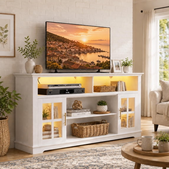 SESSLIFE LED TV Stand for 70 inch TV, Entertainment Center Console with Large Storage, Modern TV Media Console Cabinet(White)