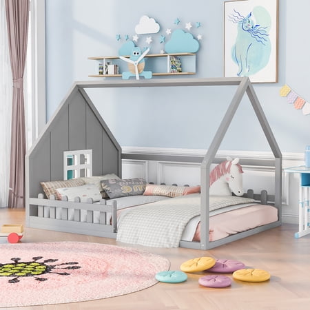 Sesslife Floor House Bed with Fence and Window, New Upgraded Full Size Wood Floor Bed with Wooden Slats Support, Cute Full House Bed for Kids, Gray