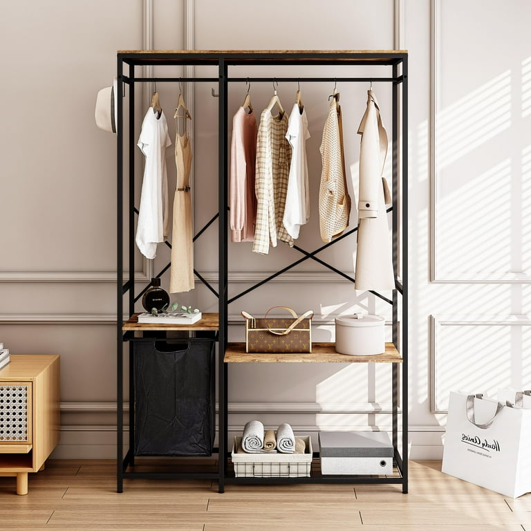 Sesslife Free Standing Closet Organizer Heavy Duty Clothes Closet with Shelves Black Metal Frame