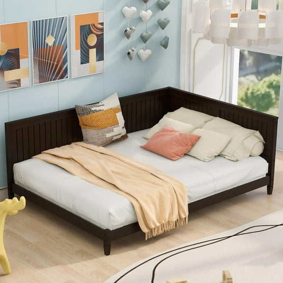 Sesslife Full Daybed Frame, Espresso Solid Wood Daybed with Strong Wooden Slats, No Box Spring Needed, Full Size Sofa Bed L-shape Daybed, 600lbs Capacity