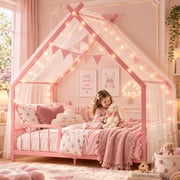 SESSLIFE Montessori Floor Bed, Twin Size Bed Frame with Roof and Guardrail, House-Shaped Design, No Box Spring Needed, Low Profile Bed Frame, Pink