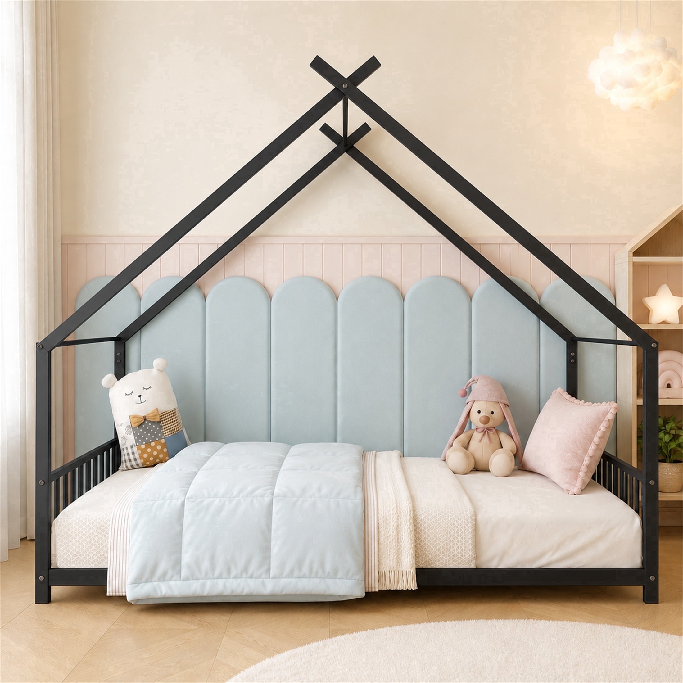 SESSLIFE Montessori Floor Bed, Twin Size Toddler Bed with Roof and Guardrail, House-Shaped Design, No Box Spring Needed, Toddler Bed Frame for Kids, Black