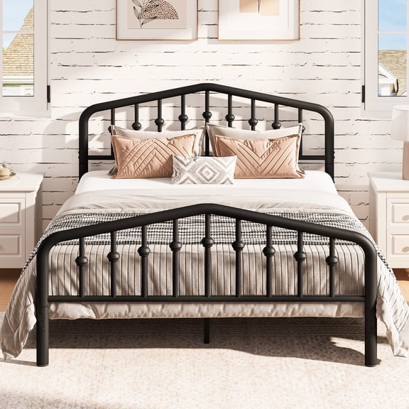PAPROOS Full Bed Frame with Victorian Vintage Headboard and Footboard, Metal Platform Bed with Under Bed Storage, No Box Spring Needed, Noise Free, Black