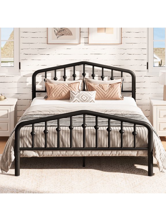 Full Bed Frame with Victorian Vintage Headboard and Footboard, Metal Platform Bed with Under Bed Storage, No Box Spring Needed, Noise Free, Black