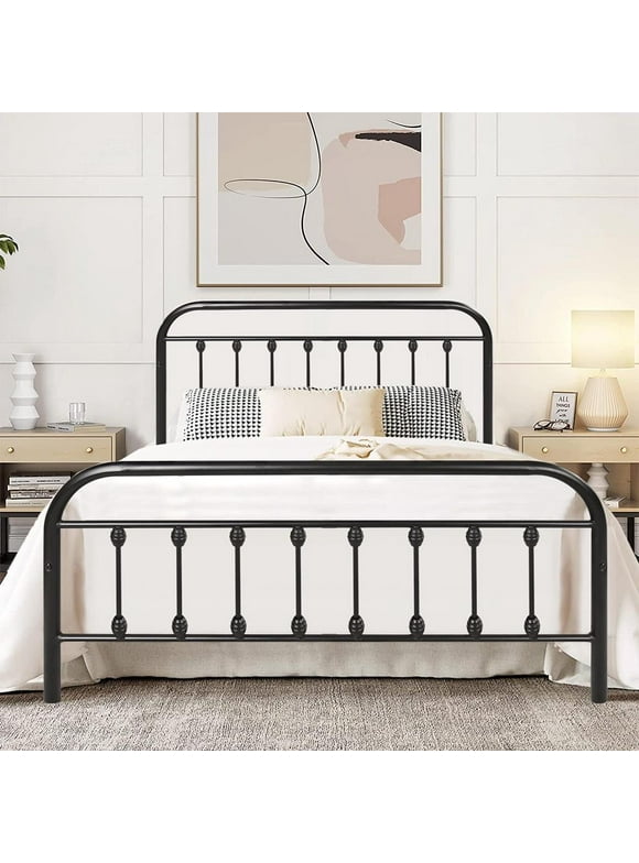 Sesslife Full Metal Bed Frame, Black Platform Bed with Vintage Headboard and Footboard, Sturdy Steel Slat Support, Iron Bed Frame for Bedroom