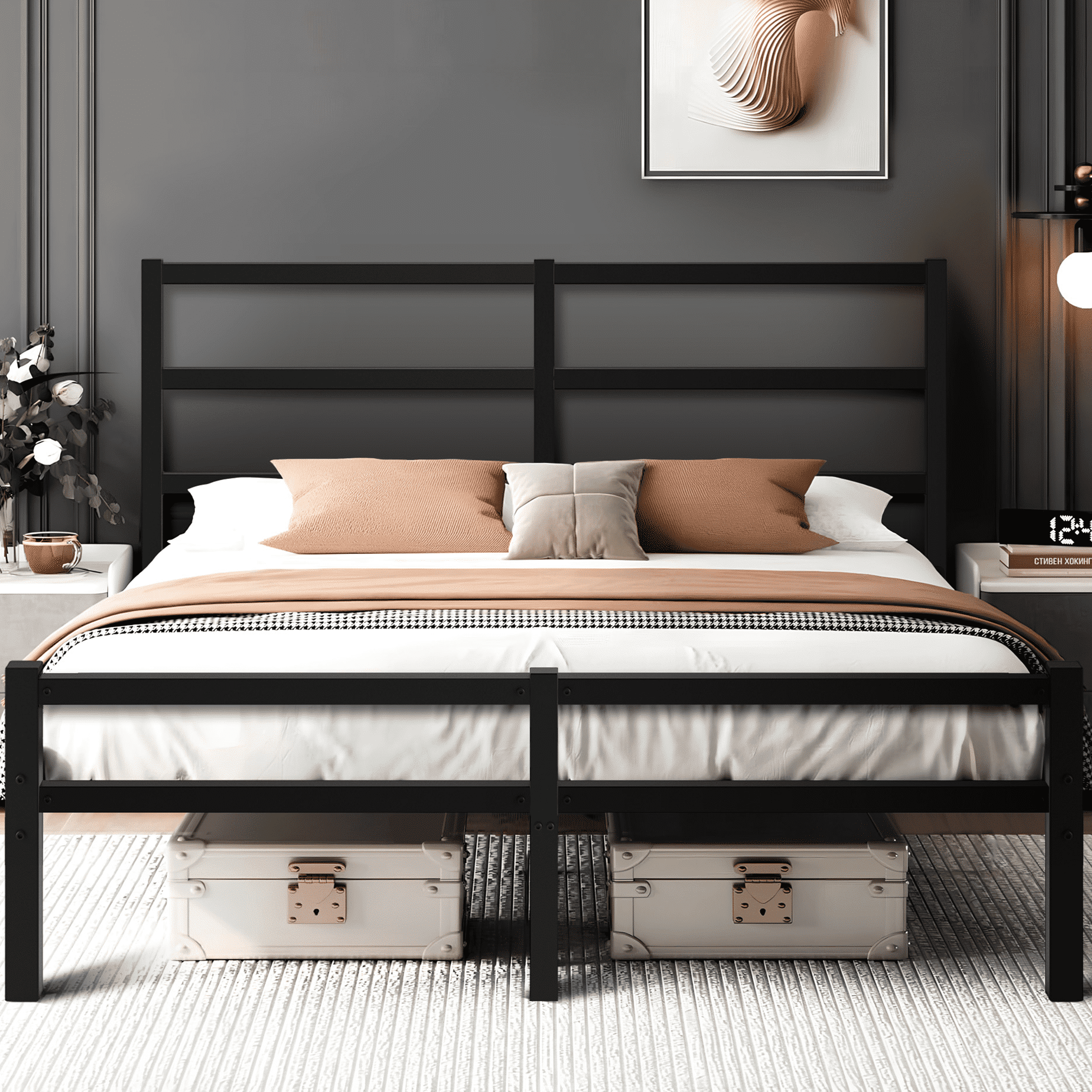Sesslife Full Size Iron Bed Frame, Black Platform, Vintage Headboard ...