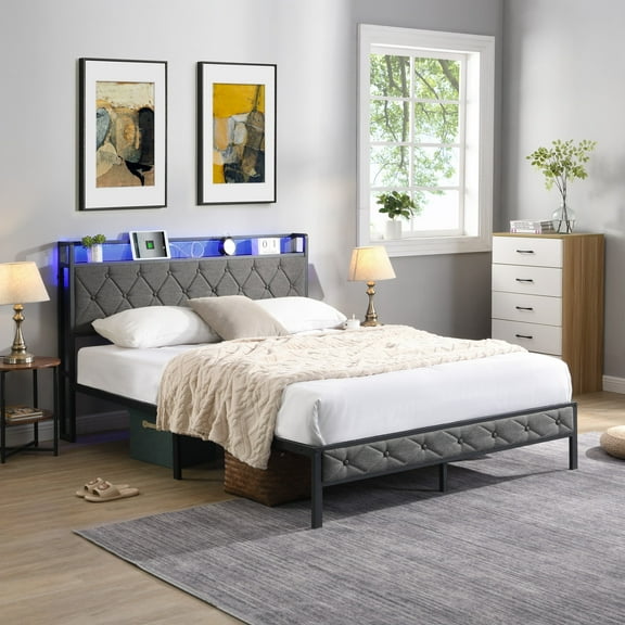 Sesslife Full Size Bed Frame with LED Upholstered Headboard, Metal Platform Bed with Charging Station, Sturdy Slats Support, Large Under Bed Storage, Easy Assembly, No Box Spring Needed, Dark Gray