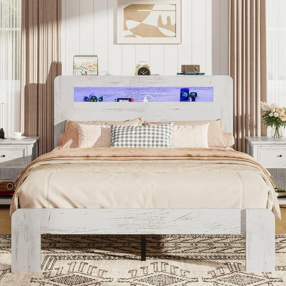 ENYOPRO Full Bed Frame with Storage Headboard, Wood Platform Bed with LED Strips and Charging Station, Heavy Duty Mattress Foundation, Hold 500 LBS, Easy Assembly, White