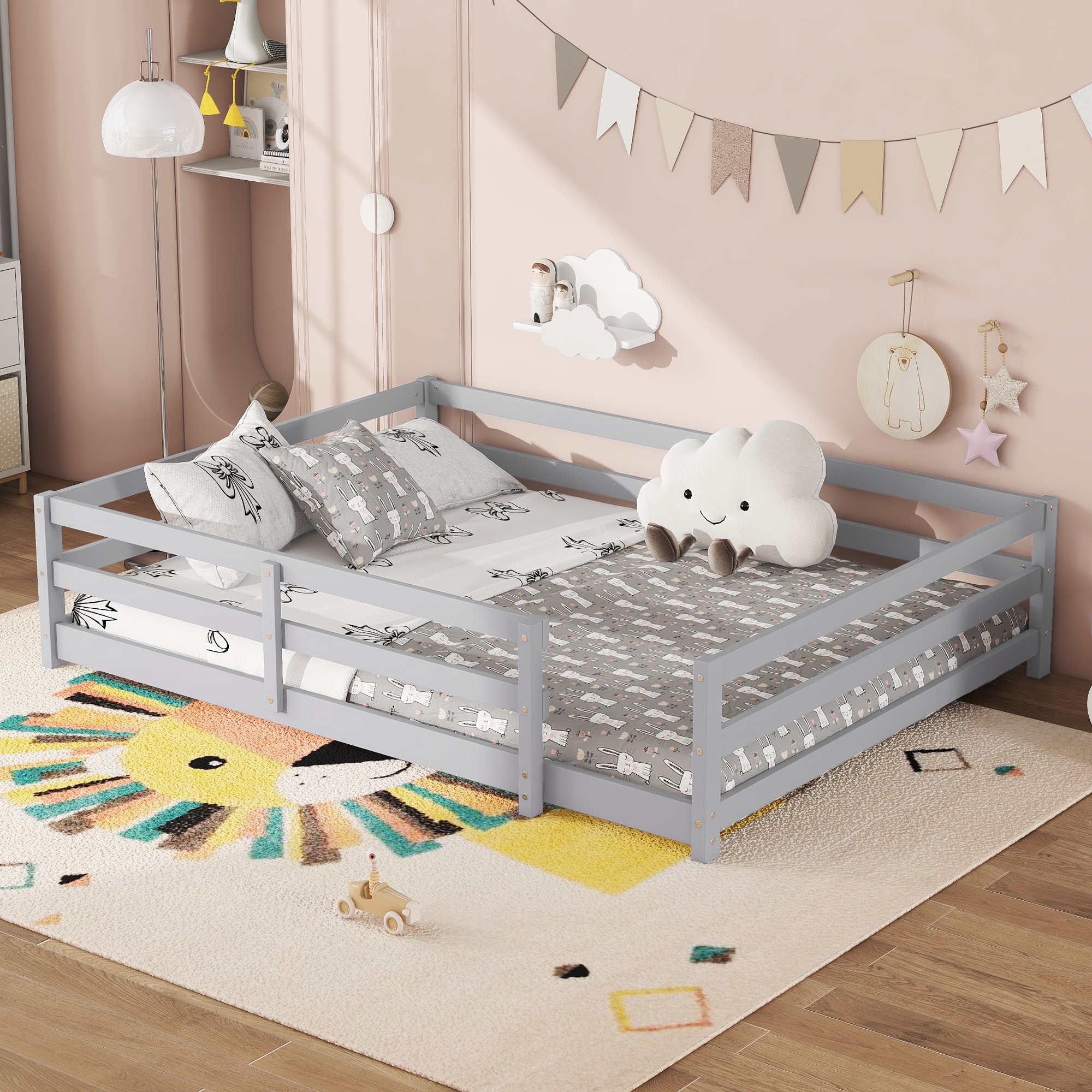 Sesslife Full Size Floor Bed with Door and Fence, Wood Full Floor Platform Bed with Slats, Full Montessori Bed for Boys Girls, No Box Spring Needed, Grey