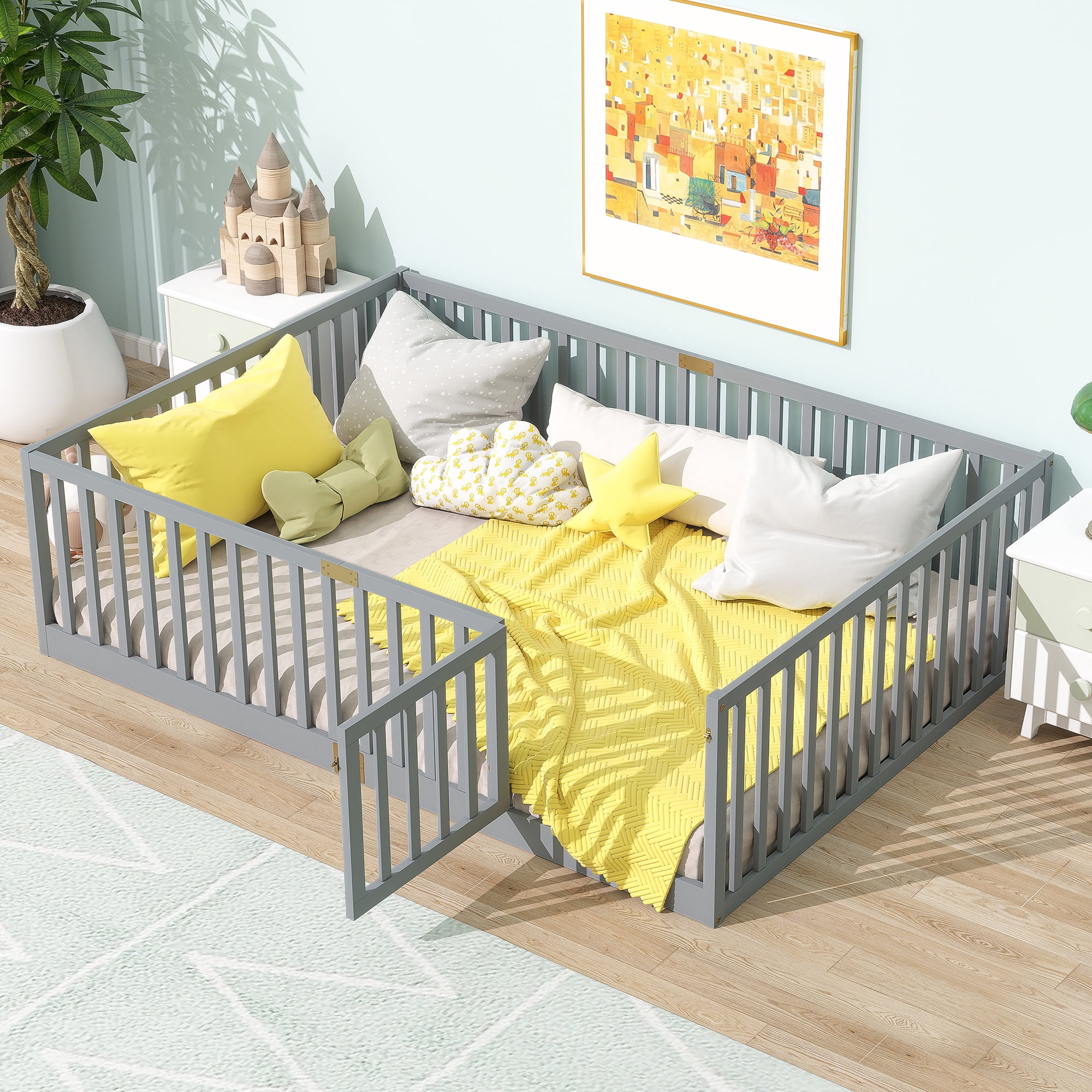 Sesslife Full Size Floor Bed with High Fence & Door, Wood Full Bed Frame with Salts and 21.5” Safety Guardrails, Full Floor Bed Frame for Boys Girls, No Box Spring Needed, Grey