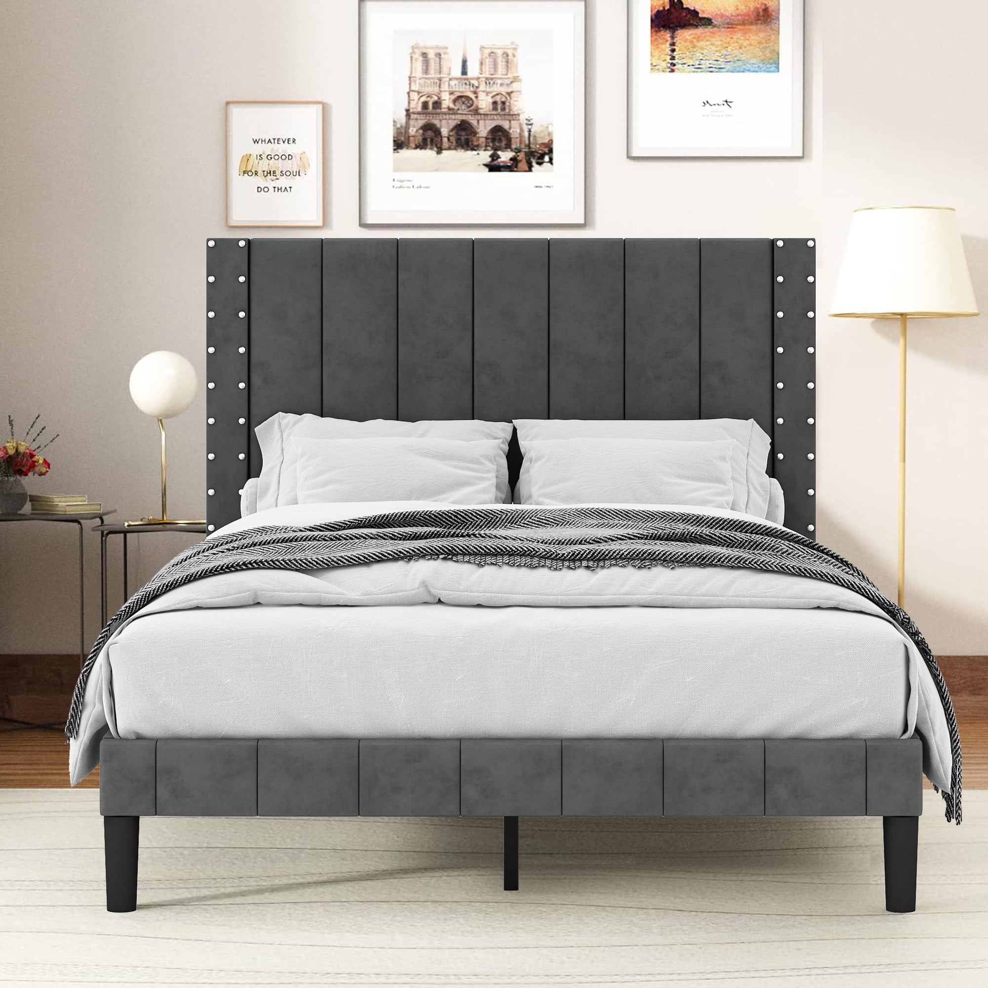 Sesslife Gray Platform Bed Frame, Full Bed Frame with Velvet