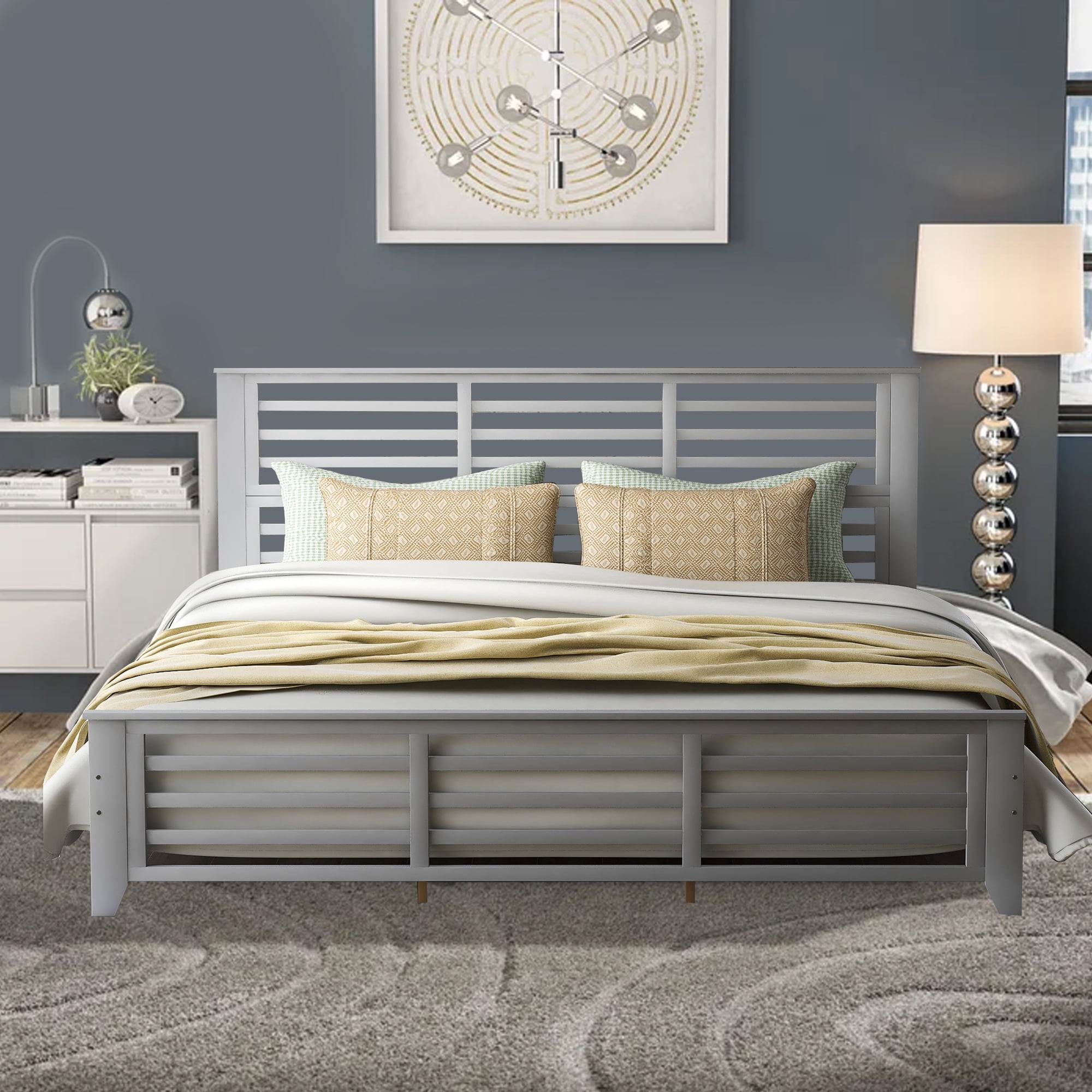 Sesslife Gray Wood King Size Bed Frame, Platform Bed with Headboard and