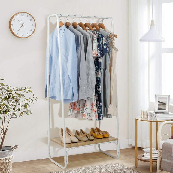 Sesslife Hanging Closet Shelves, Clothing Storage Organizer, Open Bedroom Wardrobe Closet with Hanging Rods & Shelves, Easy Assemble for Large Storage