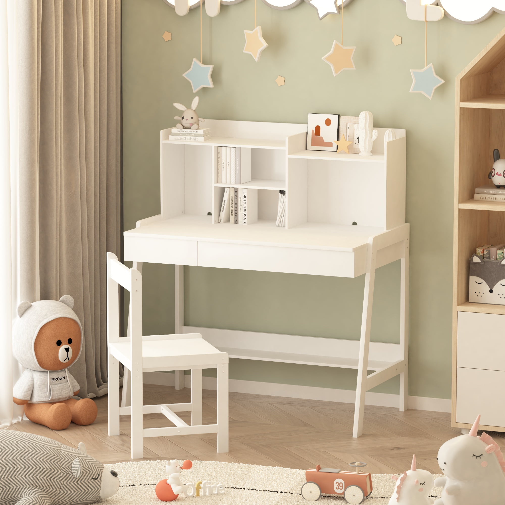 Sesslife Kids Table and Chair Set with Storage, Wood Study Desk and ...