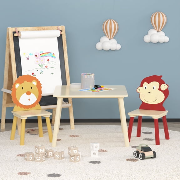 Sesslife Kids Table and Chairs Set, 3 Pieces Kids Square Table with 2 Animal Shape Chairs, Cute Cartoon Toddler Table and Chair Set, Sturdy Kids Play Table for Playroom Bedroom Kids Room, Natural
