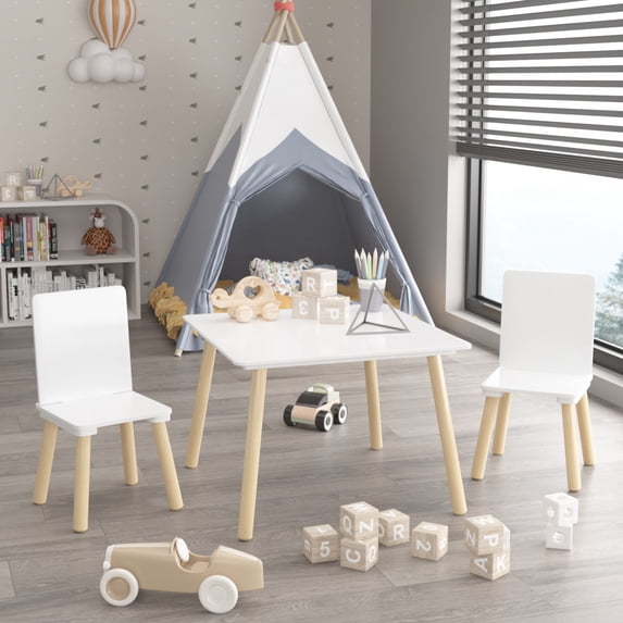 Sesslife Kids Table and Chairs Set, 3 Pieces Kids Square Table with 2 Chairs, Modern Wood Toddler Table and Chair Set, Sturdy Kids Play Table for Playroom Bedroom Kids Room, White