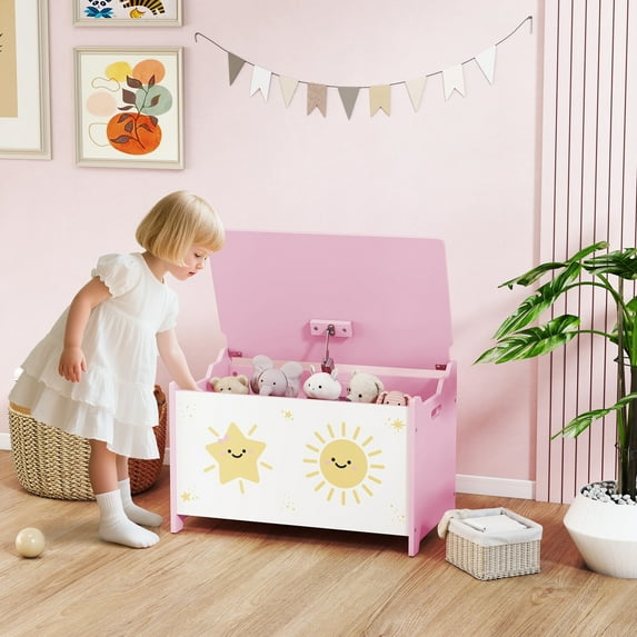 Sesslife Kids Toy Box for Boys Girls, Wood Kids Storage Organizer with Safety Hinged-Lid and Storage Bench, Cute Toy Chest for Living Room, Toddler Room, Bedroom, Aged 3+, Pink