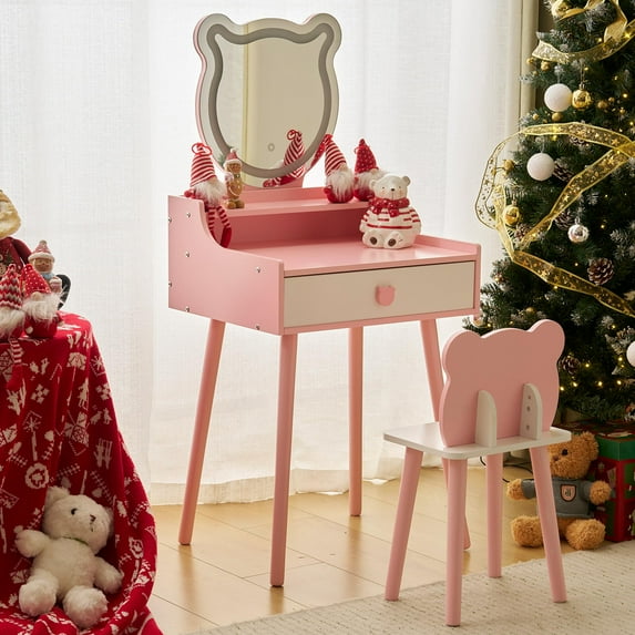 Sesslife Kids Vanity Set with LED Mirror and Drawer, Wooden Princess Makeup Desk Set, Toddler Dressing Table Set, Pretend Play Kids Vanity Table and Chair Set for Little Girls aged 3+, Pink
