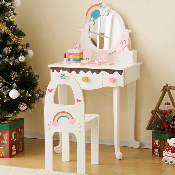 Sesslife Kids Vanity Set with Mirror and Drawers, Wooden Princess Makeup Desk Set with 7pcs Pretend Play Makeup Toys, Pretend Play Kids Vanity Set for Little Girls aged 3+, White