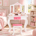 thumbnail image 1 of SESSLIFE Vanity Sets for Girls, Vanity Play Set with Drawers, Dressing Table Dresser Wooden Toy Makeup Vanity Table & Stool with 3 Foldable Mirror, White, 1 of 7