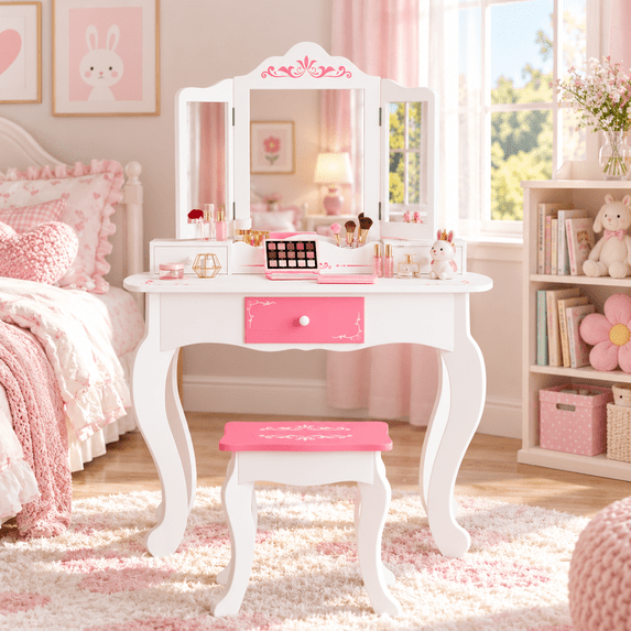 SESSLIFE Vanity Sets for Girls, Vanity Play Set with Drawers, Dressing Table Dresser Wooden Toy Makeup Vanity Table & Stool with 3 Foldable Mirror, White