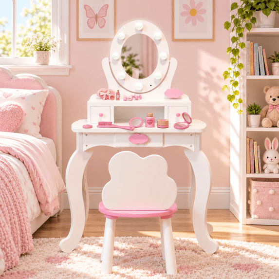 SESSLIFE Kids Vanity Set with Mirror Lights and Drawers, Wooden Princess Makeup Desk Set, Toddler Dressing Table Set, Pretend Play Kids Vanity Table and Chair Set for Little Girls aged 3+, White