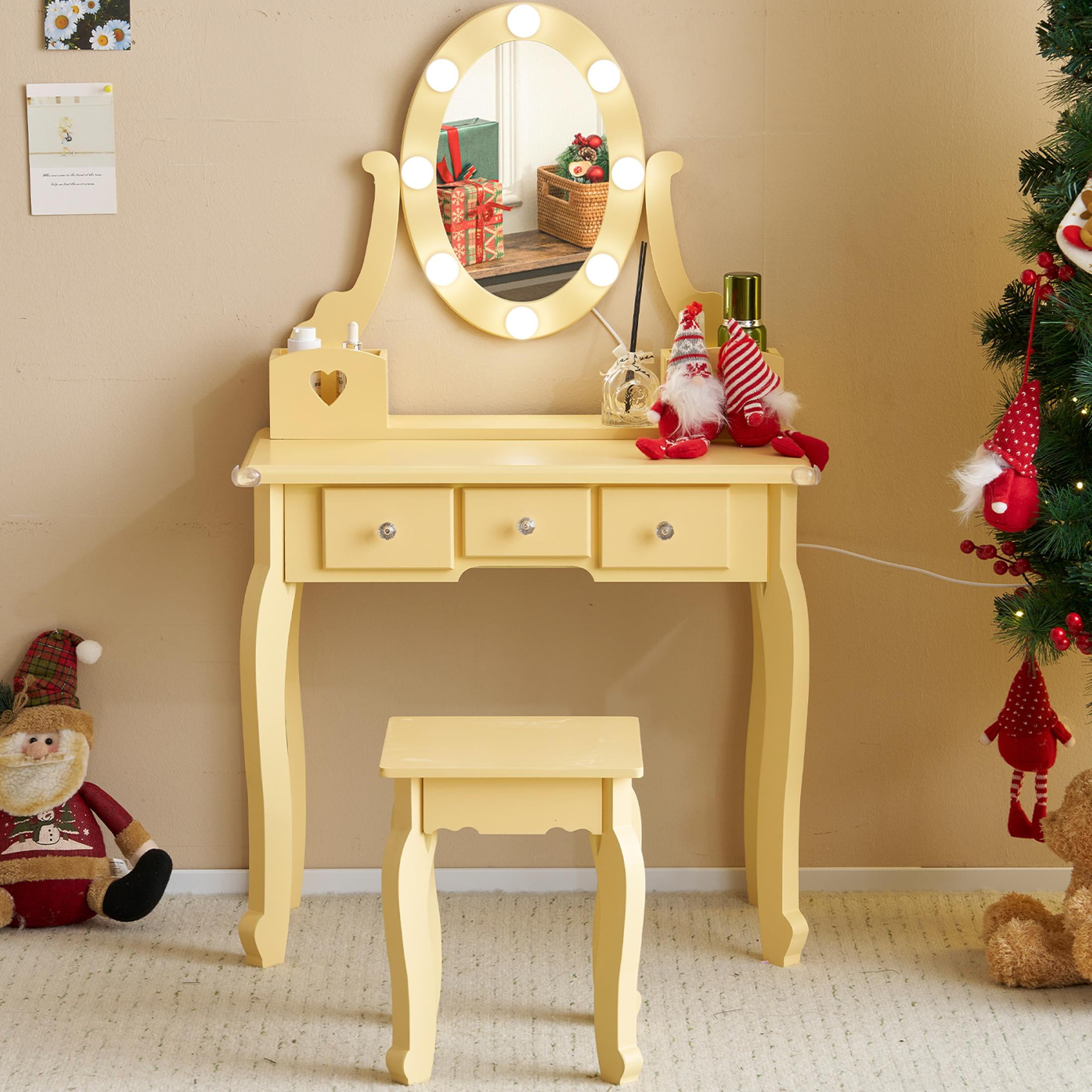 SESSLIFE Kids Vanity Set with Mirror Lights and Drawers, Wooden Princess Makeup Desk Set, Toddler Dressing Table Set, Pretend Play Kids Vanity Table and Chair Set for Little Girls aged 3+, Yellow