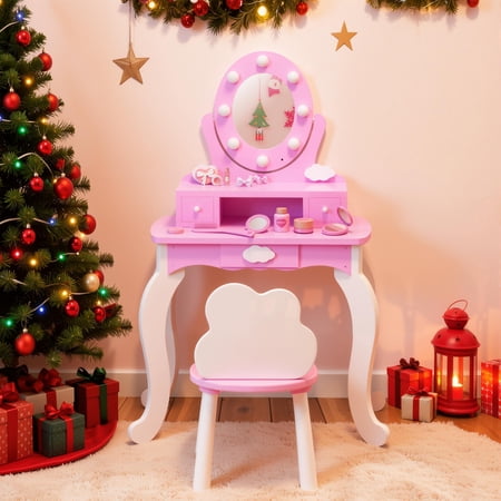 SESSLIFE Kids Vanity Set with Mirror Lights and Drawers, Wooden Princess Makeup Desk Set, Toddler Dressing Table Set, Pretend Play Kids Vanity Table and Chair Set for Little Girls aged 3+, Pink