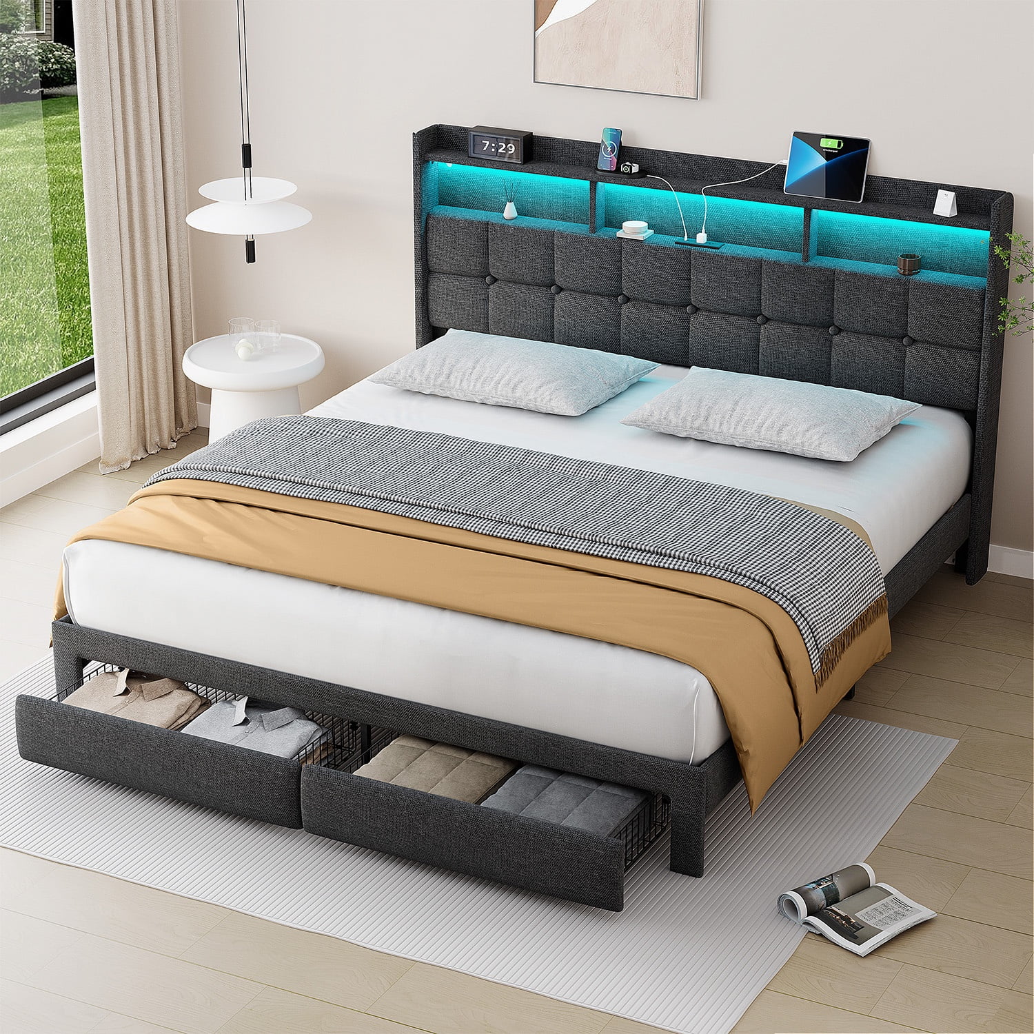King Light Gray Upholstered Bed Frame with LED and Storage Drawers