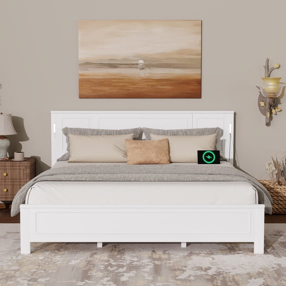 Sesslife King Size Bed Frame with Headboard & Footboard, Wood Platform Bed with Built-in LED Lights, Charging Station, Modern Farmhouse King Bed Frame with Slats, No Box Spring Needed, White