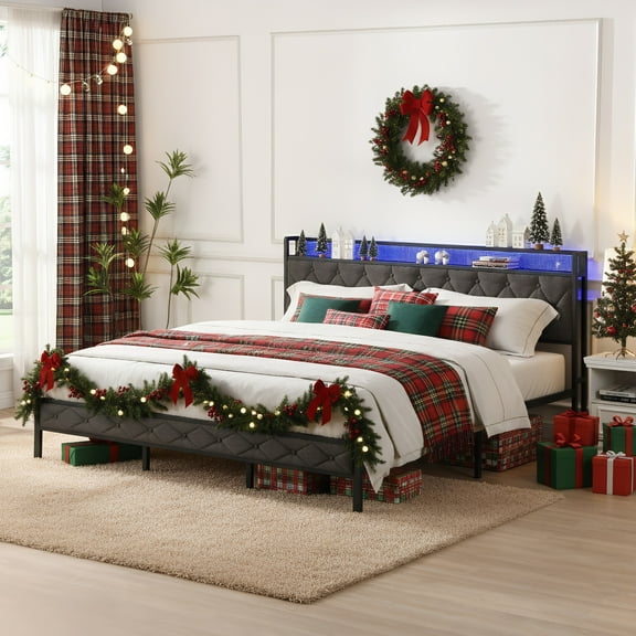 King Size Bed Frame with Storage Headboard, Sesslife Metal Platform Bed with Charging Station, LED Upholstered Bed Frame King, No Box Spring Needed, Dark Gray