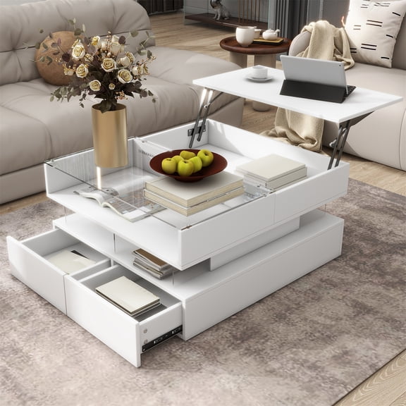 SESSLIFE Coffee Table, Lift-Top Living Room Table with LED Lights, 29.5" Square Tempered Glass Center Table with Hidden Compartment & 2 Large Drawers, Easy Assembly, White