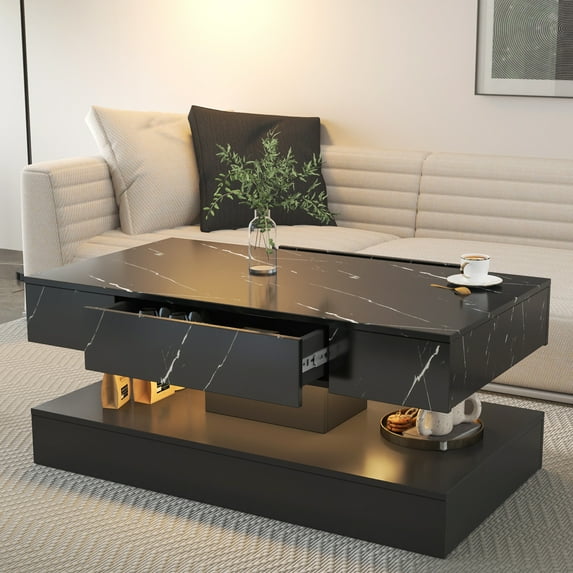 Sesslife LED Coffee Table with 2 Drawers, Modern High Gloss Marble Coffee Table with Open Storage Space, 2-Tier Rectangle Center Table Black Coffee Table for Living Room, Large Living Room Furniture