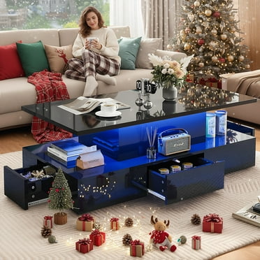 Sesslife 41" LED Coffee Table with 4 Storage Drawers, High Gloss Black Rectangular Center Table for Living Room Bedroom, Modern Coffee Tables with Large Storage Space, App/Remote Control