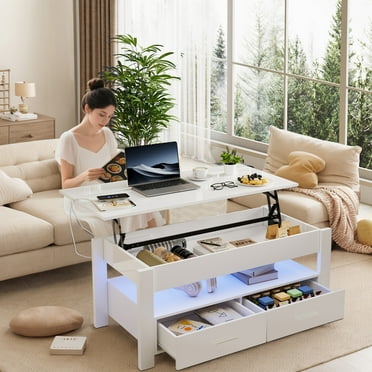 Sesslife White LED Coffee Table with 2 Drawers for Living Room, Modern Lift Top Coffee Table with Hidden Storage and Rising Top, Wood Rectangular High Gloss Center Table with Charging Station