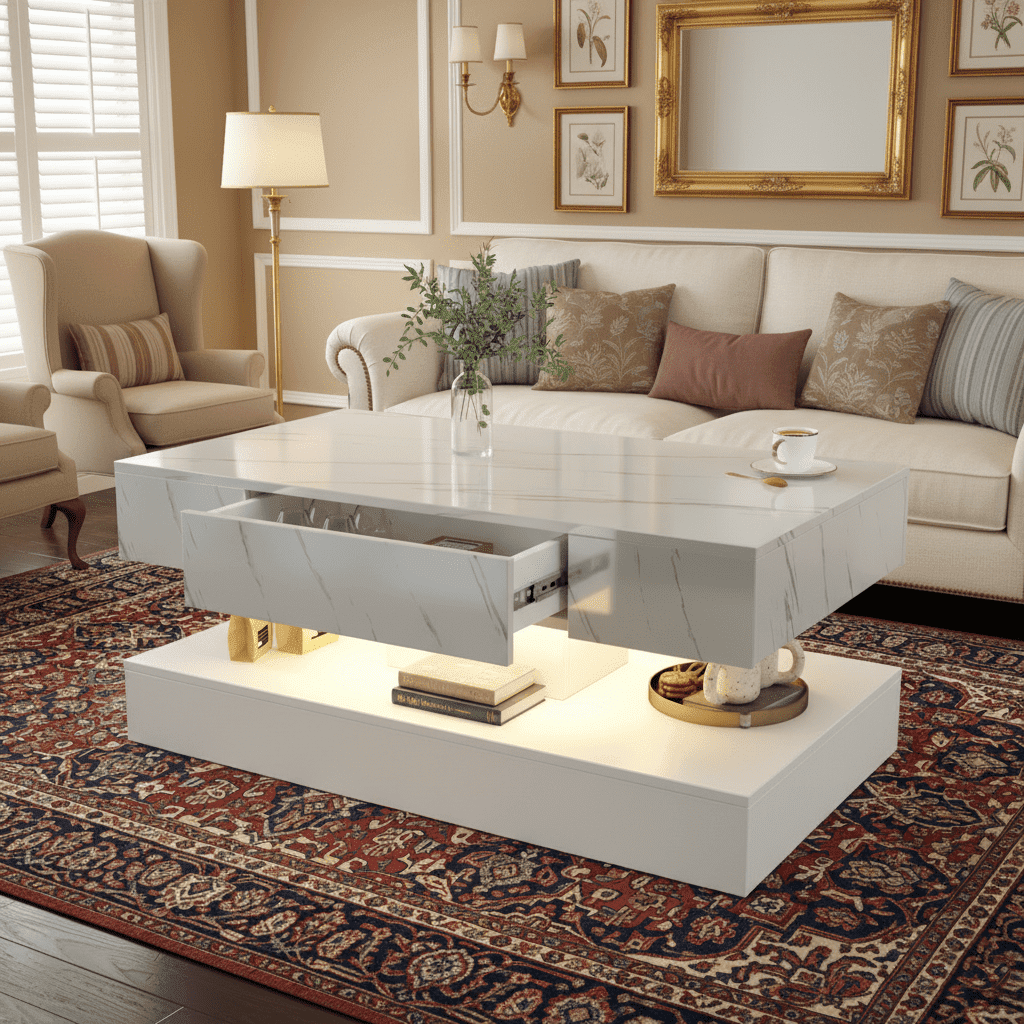 SESSLIFE White LED Coffee Table with 2 Storage Drawers, 39" Rectangular Center Table for Living Room Bedroom, Modern 2-Tier Coffee Tables w/Open Display Shelf, App/Remote Control