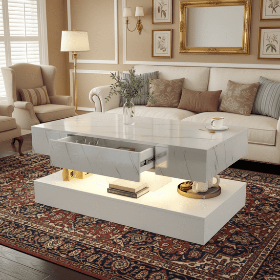 SESSLIFE White LED Coffee Table with 2 Storage Drawers, 39" Rectangular Center Table for Living Room Bedroom, Modern 2-Tier Coffee Tables w/Open Display Shelf, App/Remote Control