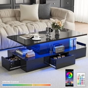 PAPROOS 41" LED Coffee Table with Storage Drawers, High Gloss Black Rectangular Coffee Table for Living Room Bedroom, Modern Coffee Tables, Center Table with Large Storage Space, App/Remote Control