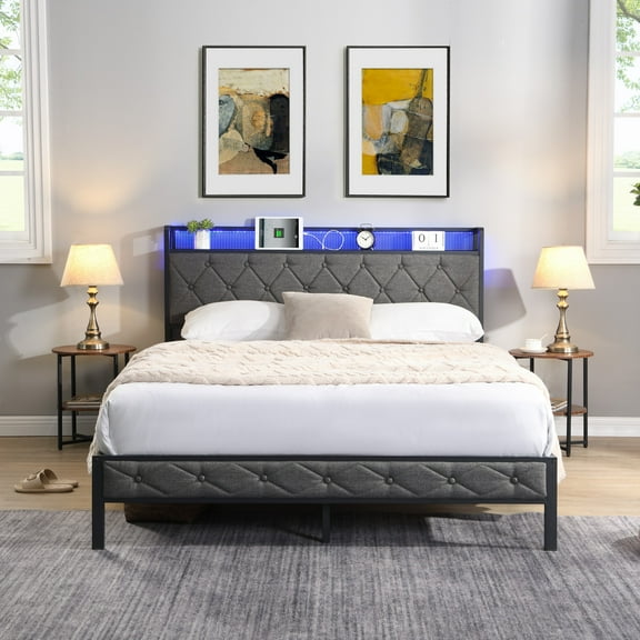 Sesslife LED Full Bed Frame with Storage Headboard, Upholstered Platform Bed with Power Charging Station and LED Light, Full Size Bed Frame with Underbed Storage, No Box Spring Needed, Gray
