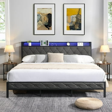 Sesslife King Size Bed Frame with LED Upholstered Headboard, Metal Platform Bed with Charging Station, Sturdy Slats Support, Large Under Bed Storage, Easy Assembly, No Box Spring Needed, Dark Gray
