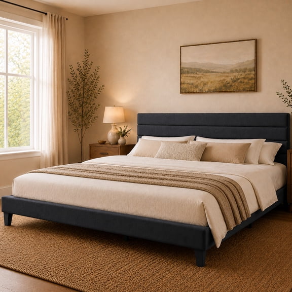 SESSLIFE King Bed Frame, 3-Position Adjustable Headboard Linen-Like Upholstered Platform Bed Frame for Teens Adults, No Box Spring Needed, Easy Assembly, Noise Free, Dark Gray