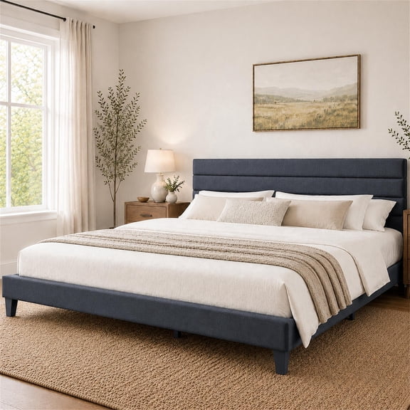 SESSLIFE King Size Bed Frame with Adjustable Upholstered Headboard, Linen Upholstered Platform Bed Frame King, Noise Free, No Box Spring Needed, Gray