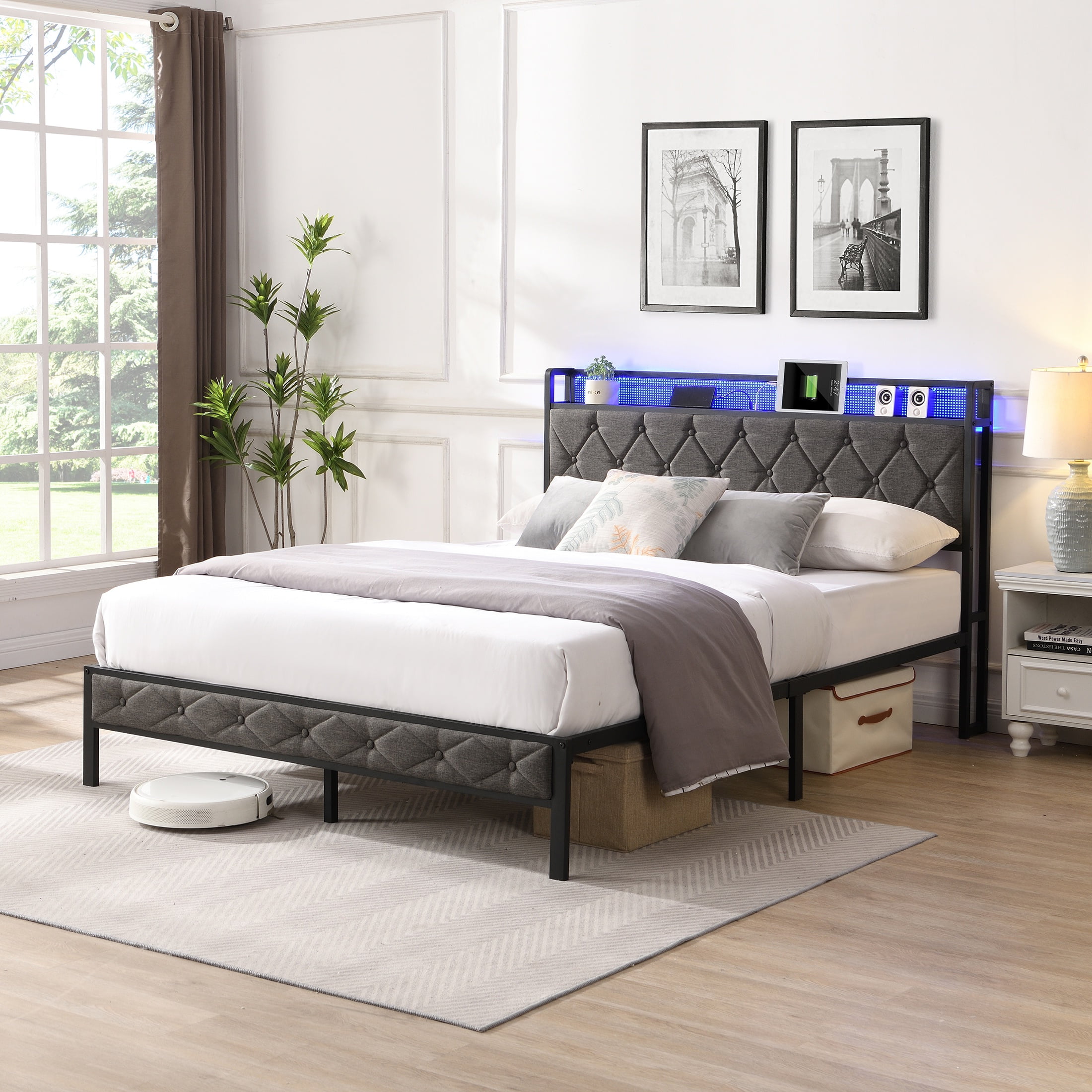 Gray Upholstered Queen Bed Frame with LED Headboard and Storage