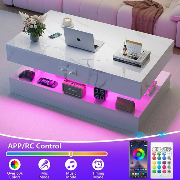 Sesslife Large White LED Coffee Table with 2 Storage Drawers, Charging Station, Modern High Gloss Coffee Table w/LED Lights/APP Control, 2 Tiers Rectangle Living Room Furniture w/Marbling Print 47.2"