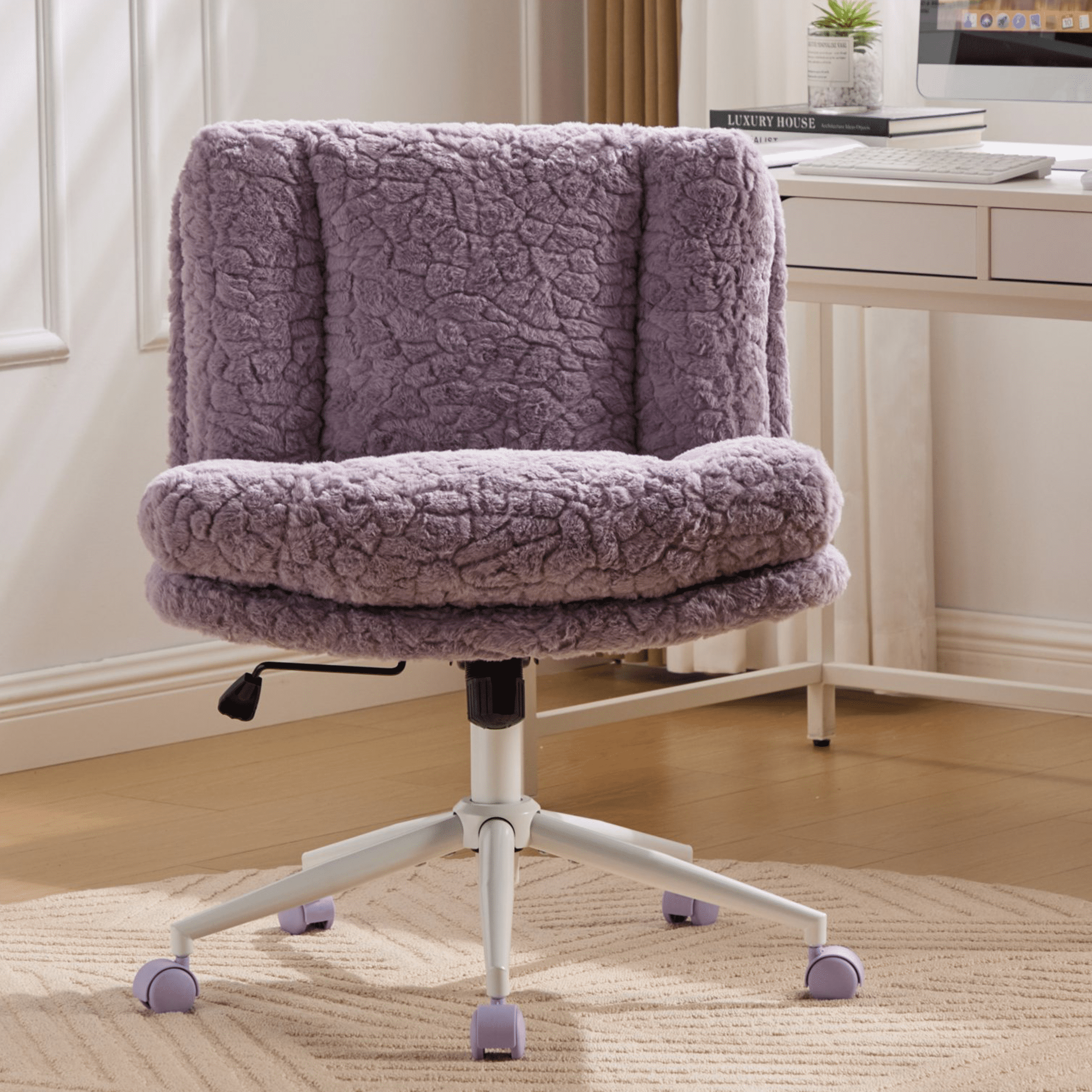 SESSLIFE 26.4 inch Wider Seat Office Chair, Artificial Rabbit Hair Home Office Chair with Metal Base, Adjustable Desk Chair Swivel Office Chair, Vanity Chair(Violet)