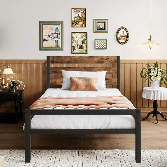 Sesslife Metal Bed Frame Twin Size with Wood Headboard, Classic Metal Platform Bed Frame with Under Bed Storage, No Box Spring Needed for Boys Girls