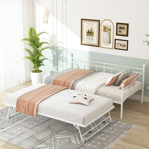 Sesslife Metal Daybed with Adjustable Trundle, Twin Size Daybed with Twin Size Pop Up Trundle Bed, Heavy-Duty Sofa with Portable Folding Trundle Bed for Bedroom Living Room (White)